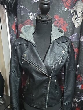 Ardene Black Faux Leather Moto Jacket with Gray Hood